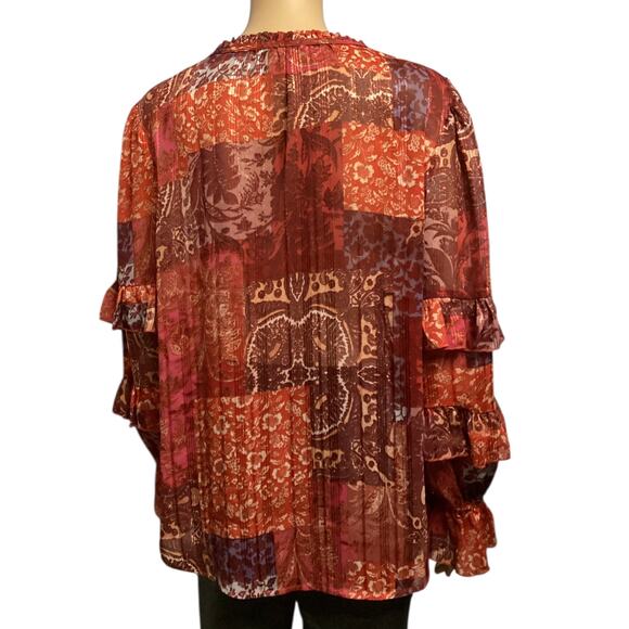 Frye & Co. patchwork floral combo ruffled long-sleeves metallic thread size L - Picture 2 of 8